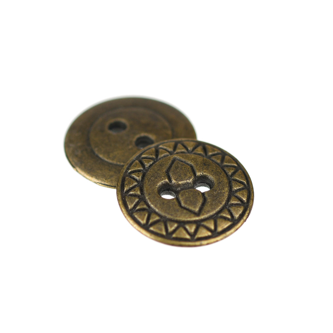 15MM (24L) METAL BUTTON TWO-HOLE ENGRAVED ANTIQUE BRASS