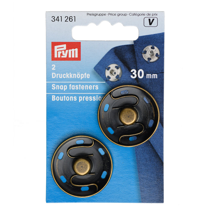 30MM EXTRA-LARGE PRYM METAL SEW-ON SNAP FASTENERS PACK 2