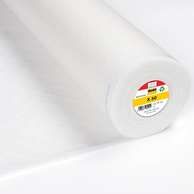 90CM VLIESELINE X50 LIGHTWEIGHT FUSIBLE FLEECE/BATTING WITH ADHESIVE GRID 86GSM WHITE